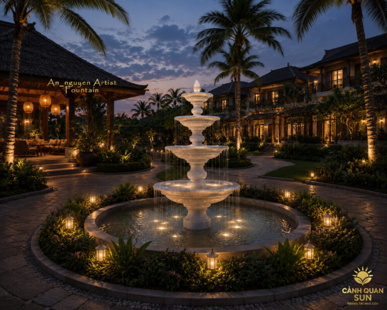 tiểu cảnh resort có đài phun nước
