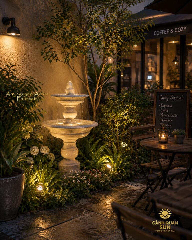 tiểu cảnh cafe với đài phun nước mini